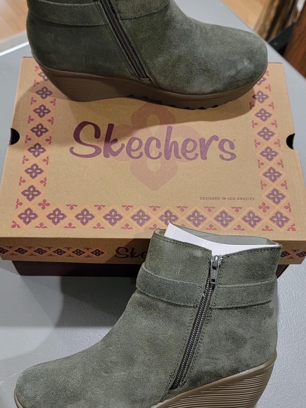 Skechers Olive Suede Wedge Ankle Boots